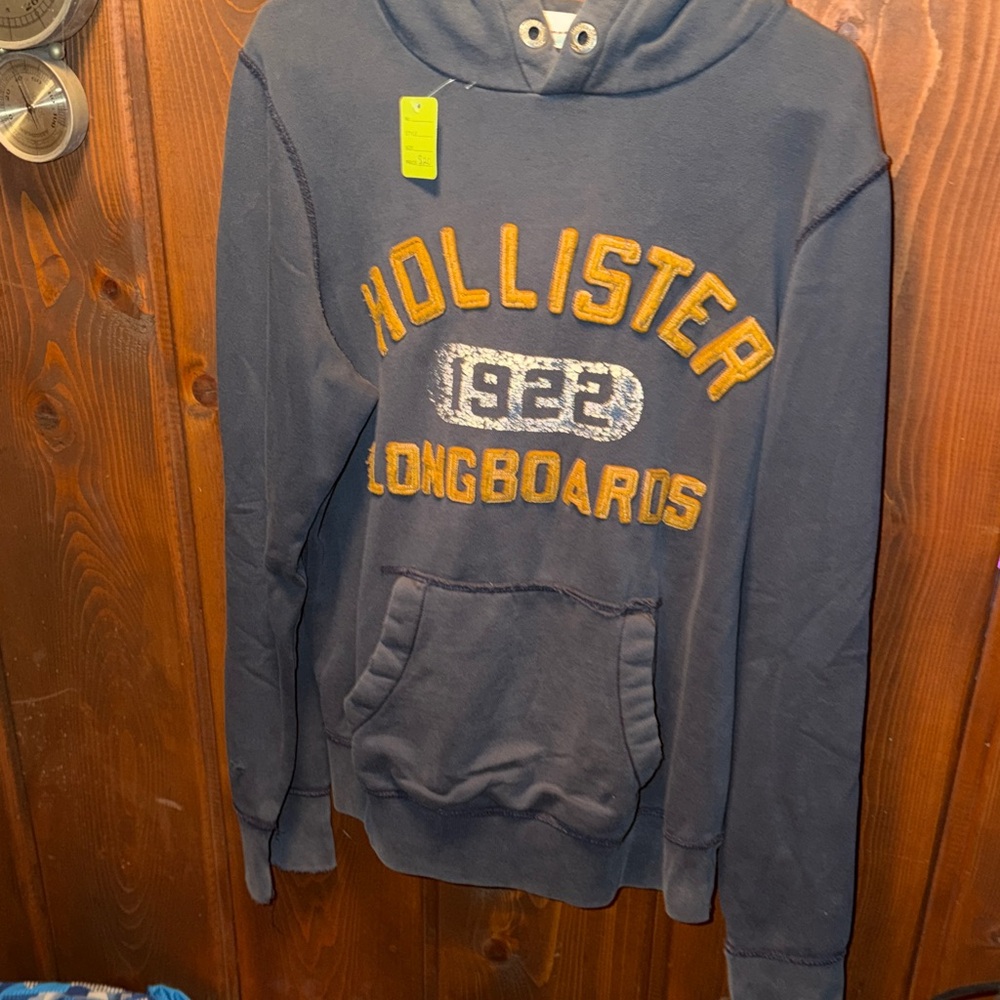 Hollister Navy Hoodie with Gold Appliqué and White Accents